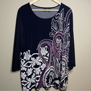 Chico’s Travelers Blouse Women XL Black Purple Paisley Sheer Sleeves Office